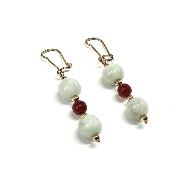 Elegant Vintage White Jade Carnelian 14k Gold Dangle Earrings - Picture 3 of 6